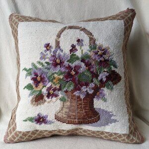 Wool Needlepoint Pillow Cushion Floral Basket Velvet Back 13.5" Square Zipper